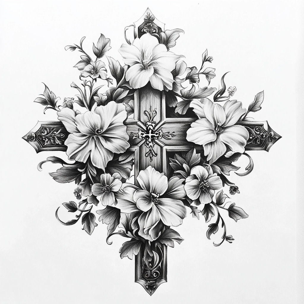 Cross and floral black and white tattoo stencil design