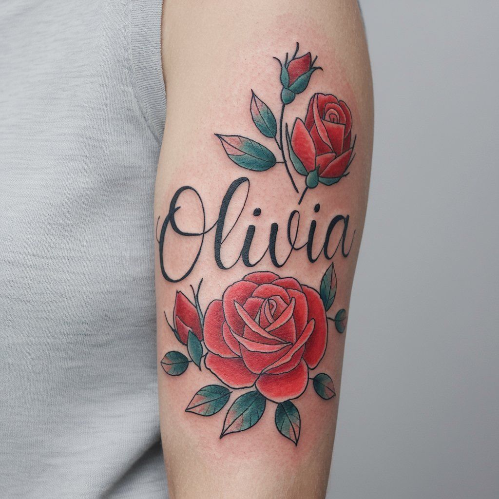 Olivia Daughter name tattoo with red rose flowers ideas