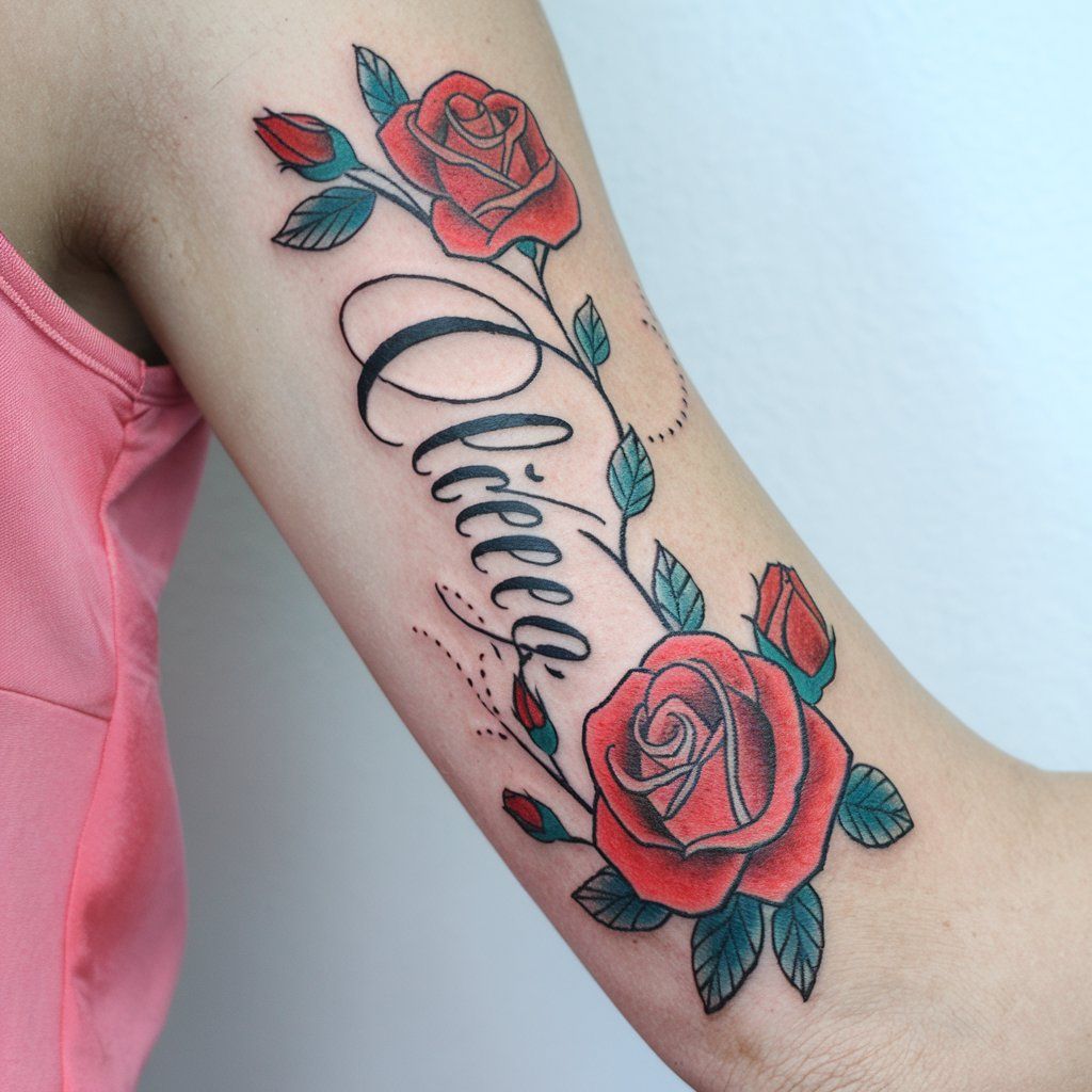 Alicee Daughter name tattoo with red roses intertwined ideas