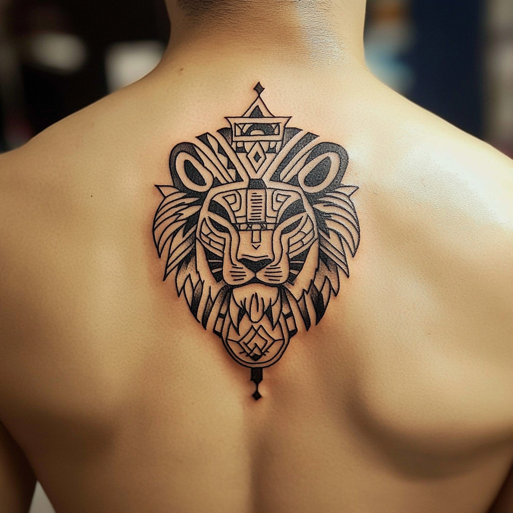 Geometric lion back black and white tattoo stencil design