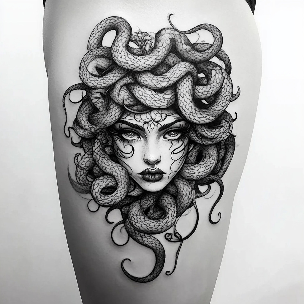 Medusa Black and White Stencil Tattoo Design