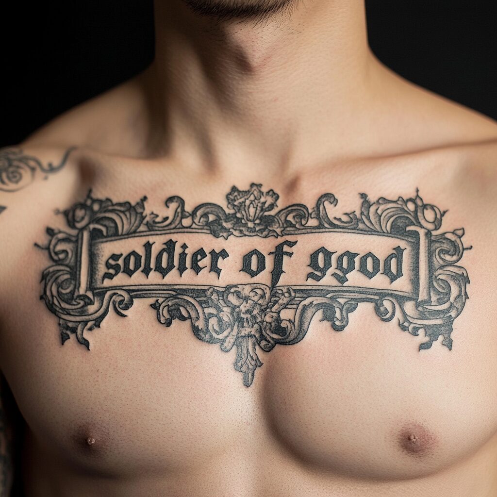 Soldier of God Chest Black Male Tattoos Design